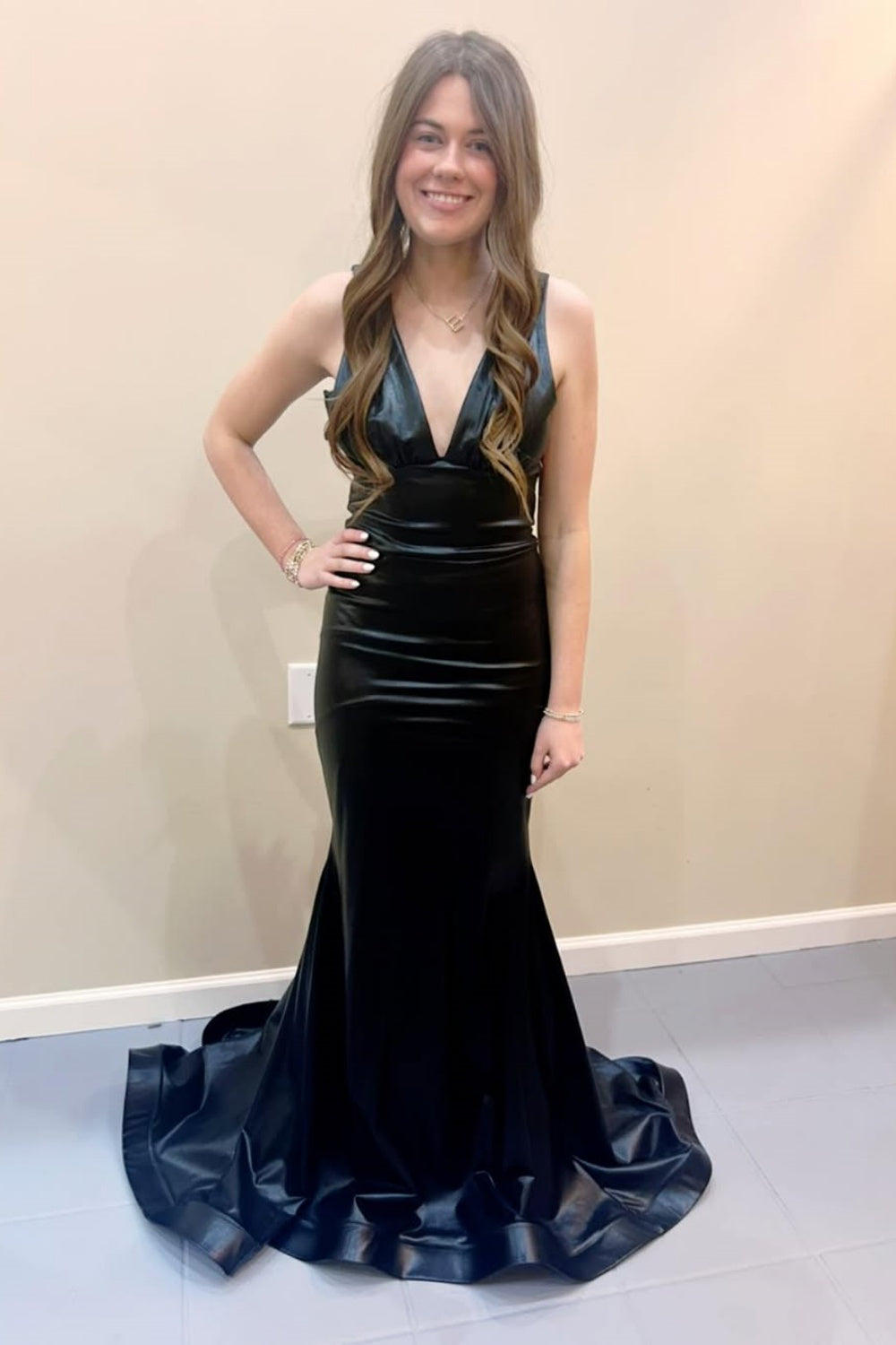 Black Plunging V-Neck Mermaid Prom Dress