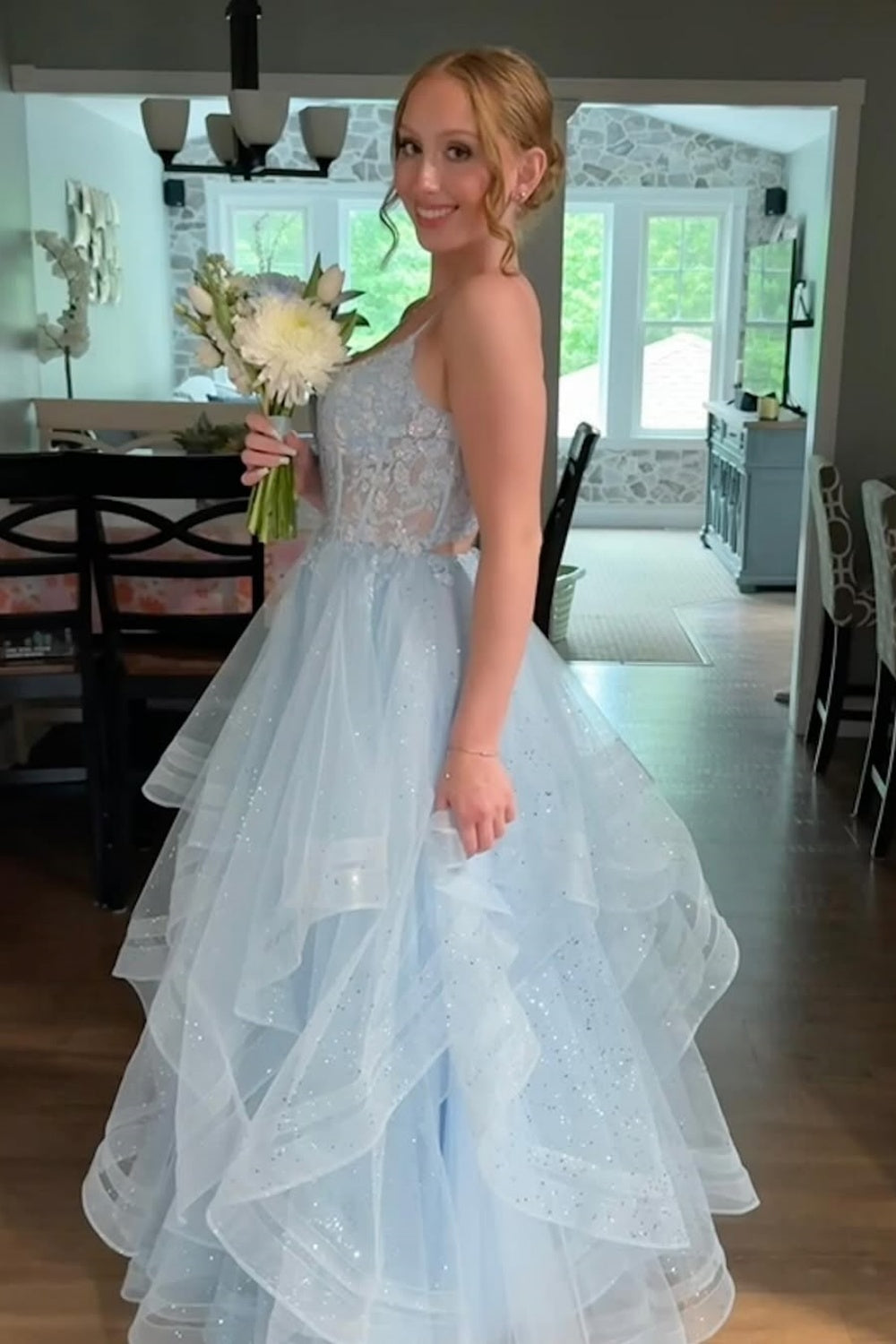 blue ribbon wedding dress Lace Appliques Tulle Light Blue Sequin Illusion Prom Dress – Tailordea