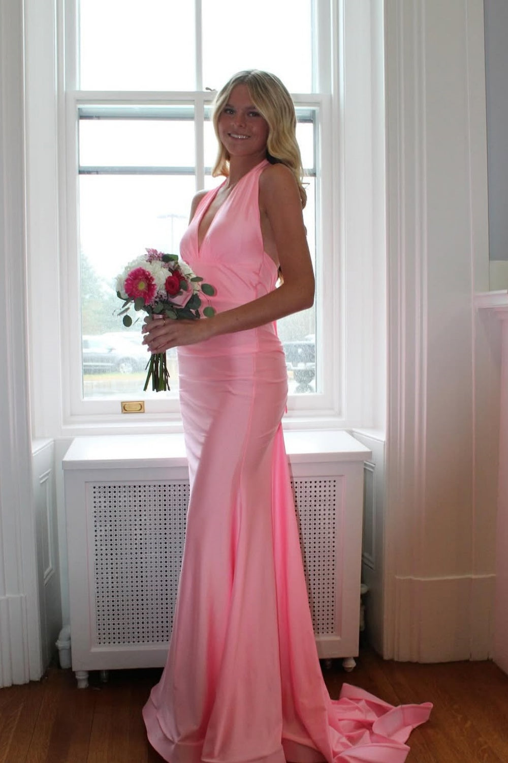 Dreamy Pink Mermaid Prom Dress with Bow Detail