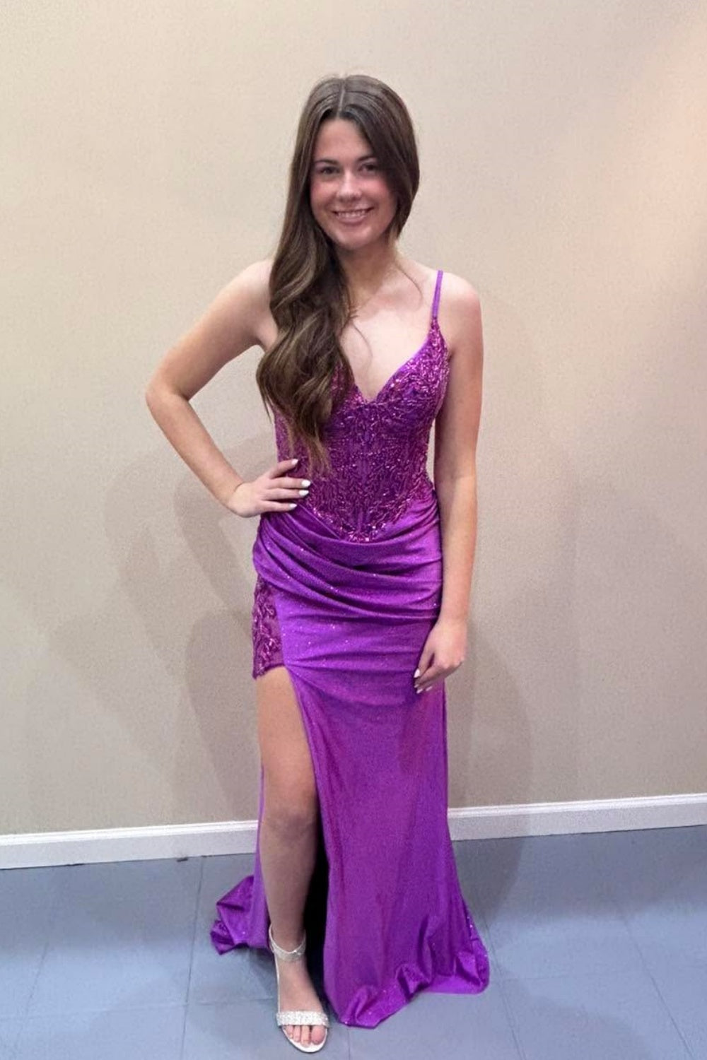 Stunning Deep V-Neck Purple Lace Prom Dress