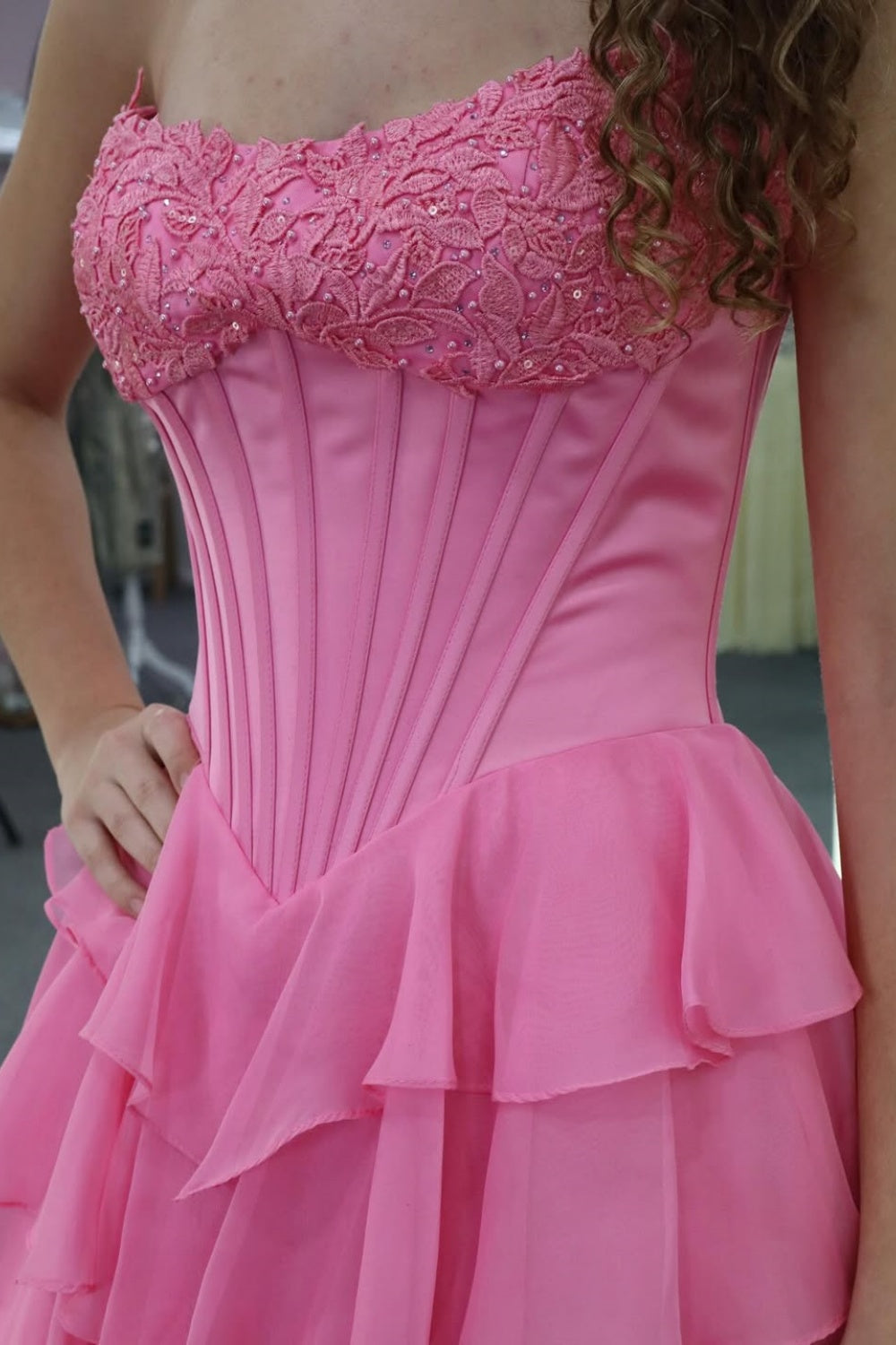 Strapless Ruffle Gown with Slit